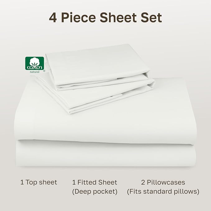 Soft Natural 100% Cotton Sateen Full Size Sheets, 4 Pc Set, Ivory | Backed by Good Housekeeping Seal, Light & Breathable For Hot Sleepers, 14" Deep Pocket, All-Around Elastic, Durable