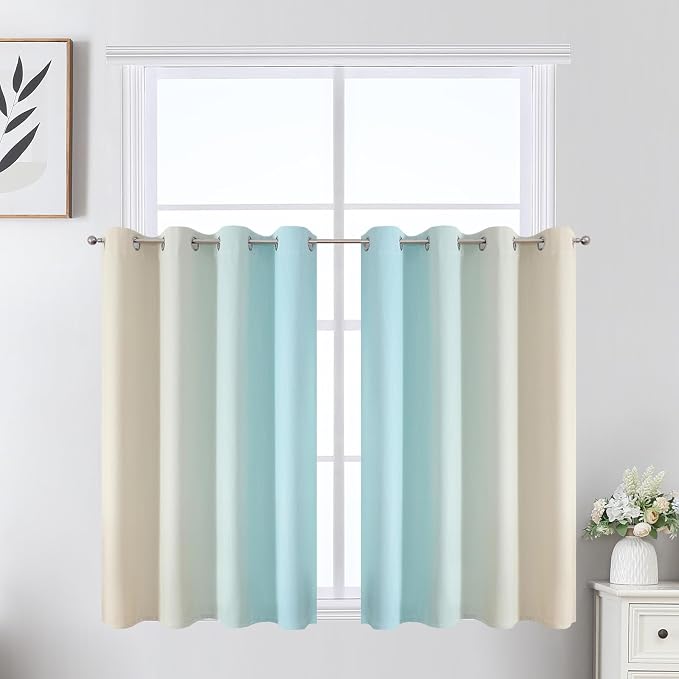 Aqua and Beige Ombre Blackout Curtains for Bedroom 36 Inch | Thermal Insulated Curtains for Basement/RV Camper,Room Darkening, Small Half Window Grommet Gradient Drapes,52Wx36L,2 Panels