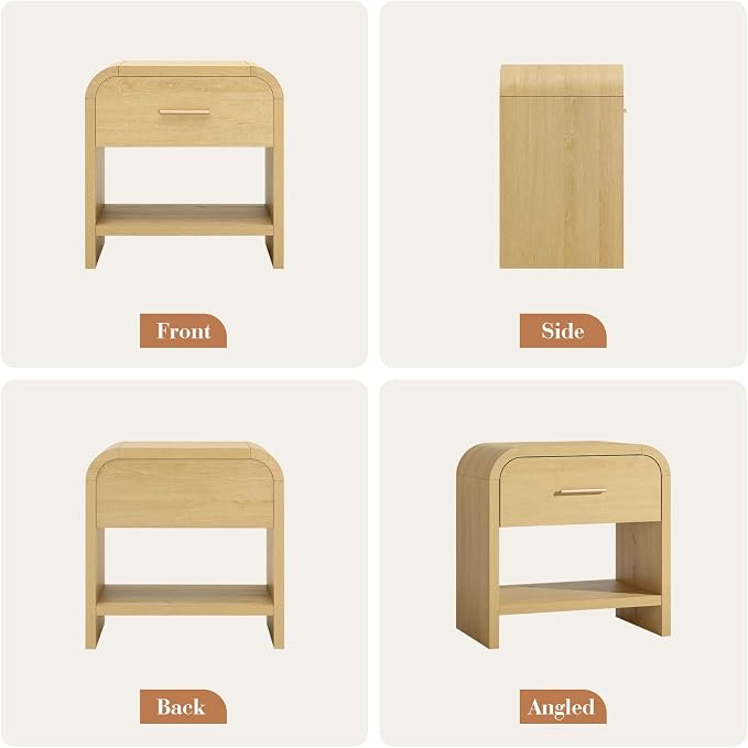 Night Stand Set of 2 [Unique Curved Profile] [FSC-Certified Wooden Board] 1-Drawer and 1 Storage Shelf Nightstand 24" H Metal Handle Modern Bedside Table Side Table End Table for Bedroom | [Curved Profile] [FSC-Certified Wooden Board] Nightstand 24" H ...