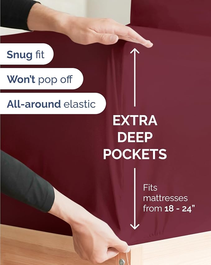 Flex Top Split Head King Sheet Set - 4 Piece Extra Deep Sheets - Burgundy | Easily Fits 18 to 24 inch Mattress, Ultra Soft, Wrinkle & Fade Free with Extra Deep Pockets, Comfy Hotel Luxury Bedding