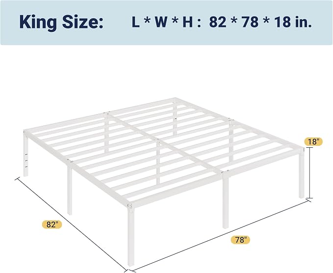Allewie King Size Bed Frame, 18 Inch Metal Beds with Storage Space, White | Heavy-Duty Metal Platform Beds, Large Under-Bed Storage Space, No Box Spring Needed, Easy Assembly