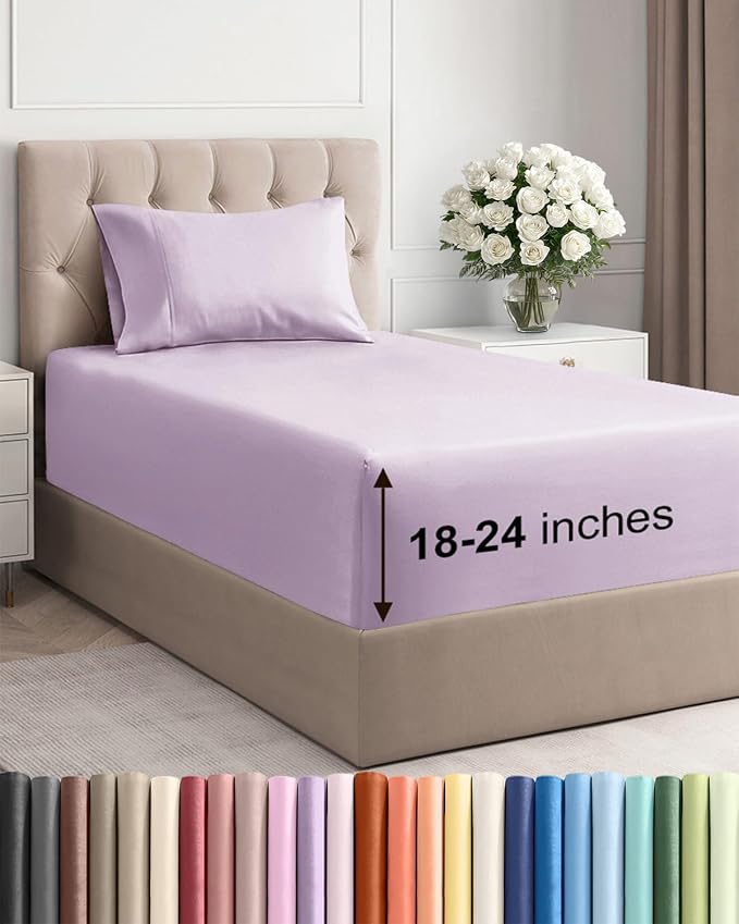Extra Deep Twin Sheet Set - 3 Piece Breathable & Cooling - Light Lavender | Easily Fits 18 to 24 inch Mattress - Ultra Soft, Wrinkle & Fade Free with Extra Deep Pockets - Comfy Hotel Luxury Bedding