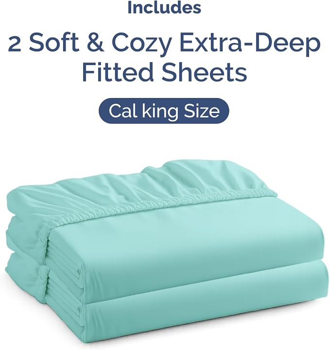 2 Pack Extra Deep Cal King Fitted Sheets with Extra Deep Pockets - Spa Blue | Hotel Luxury Bottom Fitted Sheets Only, Soft, Fade & Wrinkle Free, Breathable & Comfy, All Around Elastic Fitted Sheets