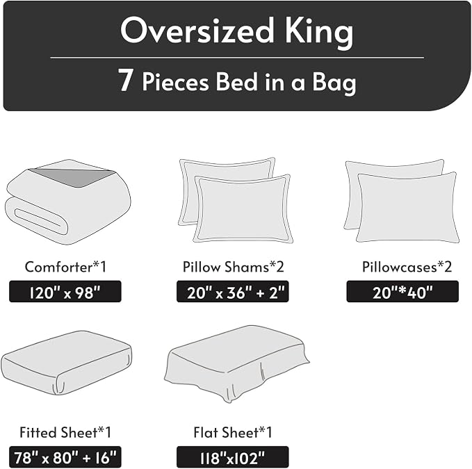 7 Pieces Oversized King Comforter Set, Reversible Bed in a Bag Oversized King Size, All Season Bedding Set with Comforter, Flat Sheet, Fitted Sheet, Pillowcases & Shams, Black & White