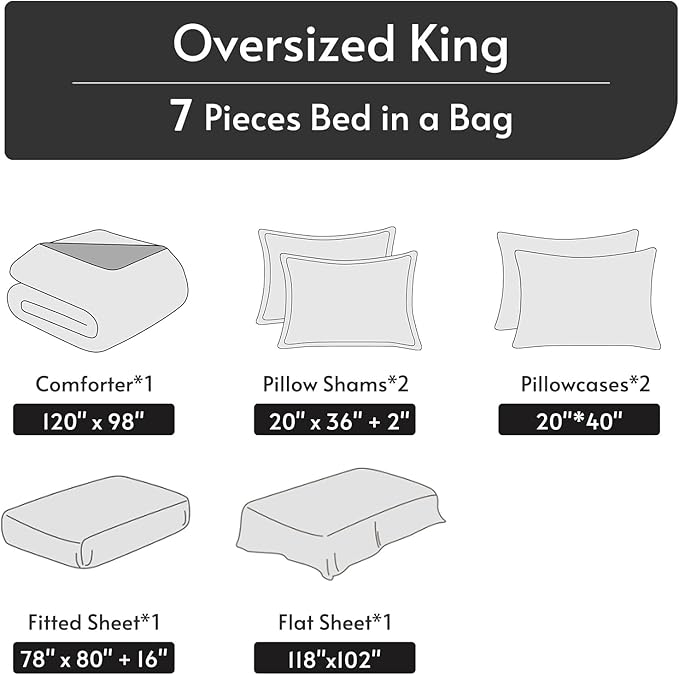 7 Pieces Oversized King Comforter Set, Reversible Bed in a Bag Oversized King Size, All Season Bedding Set with Comforter, Flat Sheet, Fitted Sheet, Pillowcases & Shams, Navy & Light Grey