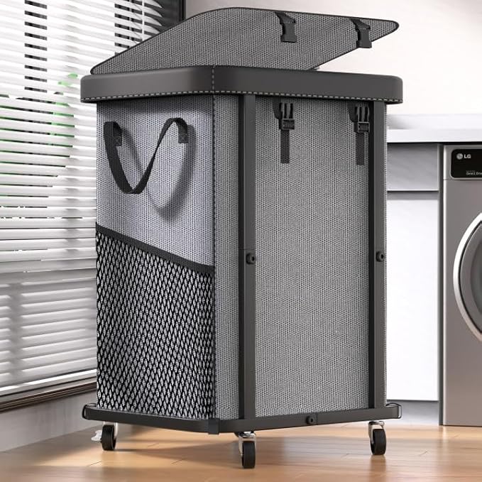 Laundry Basket with Wheels,150L (40 Gal) Rolling Hamper Carts - Gary | Leather Patchwork Laundry Hamper,Sturdy Metal Frame, Removable Washable Bag, Tall Clothes Sorter for Bedroom, Laundry Room