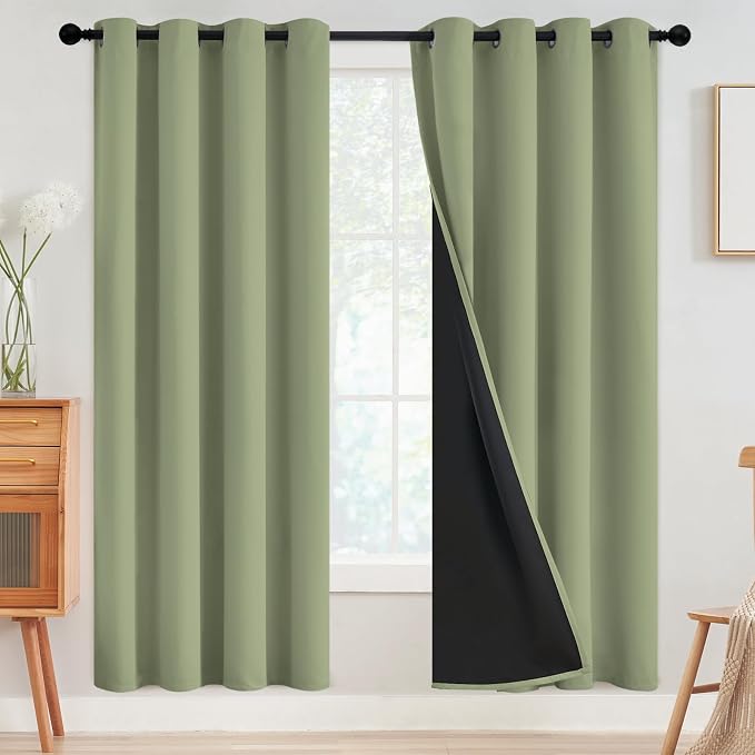 SimpleHome Sage 100% Blackout Curtains Room Darkening Living Room 72 Inch | Curtains for Bedroom,Thermal Insulated Grommet Window Drapes,Curtains for Living Room with Black Back,52 x 72 Inch,2 Panels
