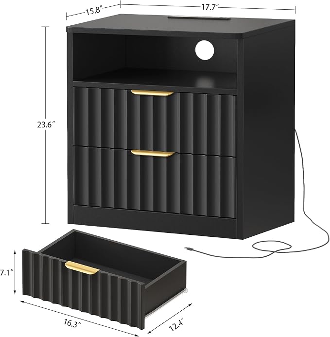 Fluted Nightstands Set of 2, Night Stand with Charging Station and LED Light, Nightstand with Storage Drawer and Open Shelf, Bedside Table for Small Space, Bedroom, Black