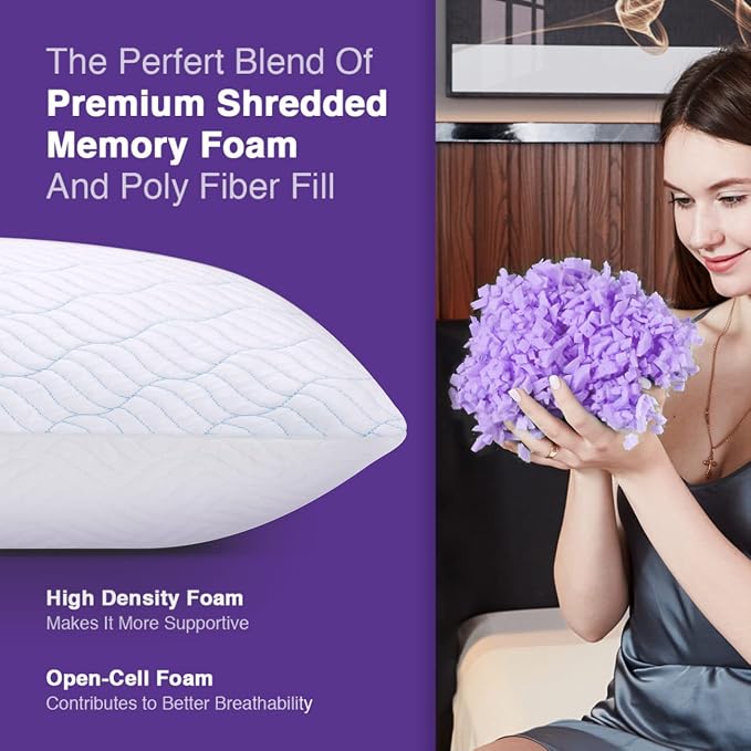 WISHSMILE Cooling Shredded Memory Foam Pillows King Size 4 Pack | Neck comfort, firm support, odorless, cooling, customizable height, machine washable, CertiPUR-US hypoallergenic bed pillow