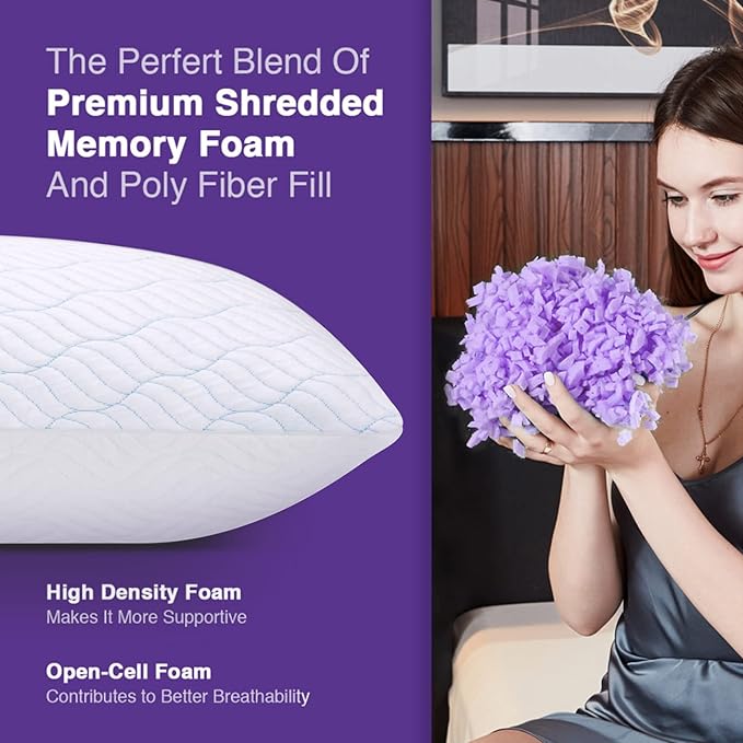 WISHSMILE Cooling Shredded Memory Foam Pillows Queen Size Set of 2 | Neck comfort, firm support, odorless, cooling, customizable height, machine washable, CertiPUR-US hypoallergenic bed pillow