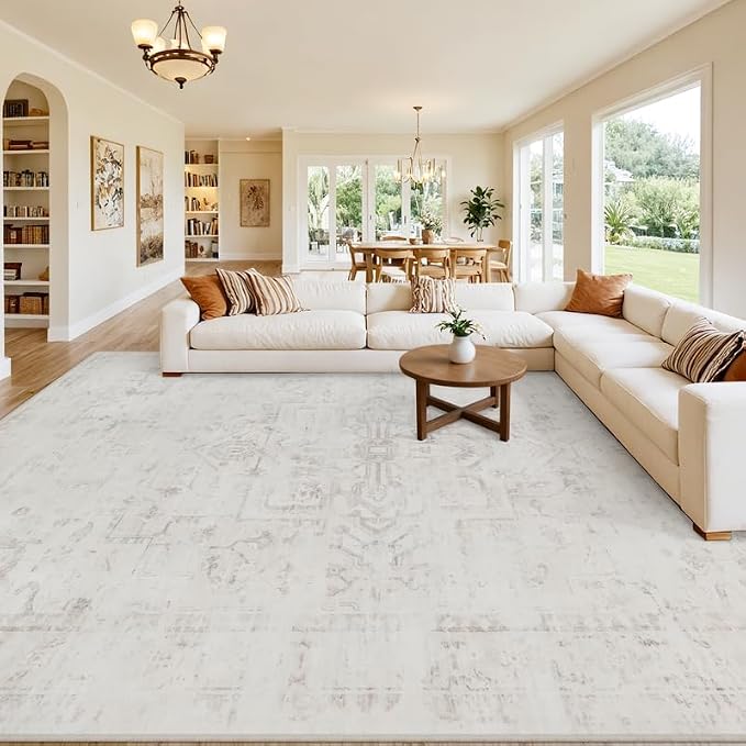 8x10 Area Rugs Living Room: Bedroom Washable Carpet Neutral Cream | Large Vintage Boho Indoor Decor Carpets Soft Nursery Farmhouse Dining Room Office Floor Non-Slip Low Pile Under Table Rug