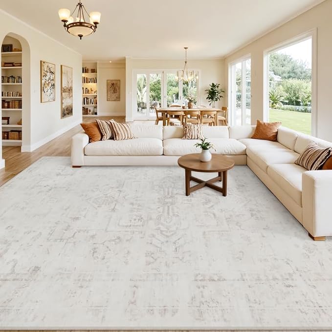 10x14 Area Rugs Living Room: Bedroom Washable Carpet Neutral Cream | Large Vintage Boho Indoor Decor Carpets Soft Nursery Farmhouse Dining Room Office Floor Non-Slip Low Pile Under Table Rug