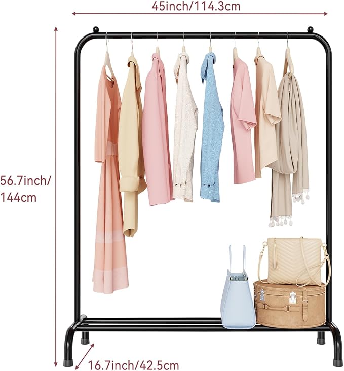 Clothing Clothes Rack with Storage Shelf, 45" L Standard Garment Rack for Hanging Clothes, Metal Portable Wardrobe Rack for Laundry Room, Bedroom, Black