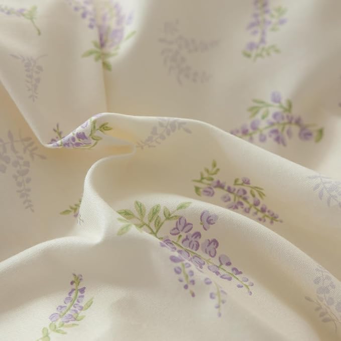 mixinni Lavender Flower Duvet Cover King Cotton Teenage Girls Flower Leaf Print 3pc Soft Cottage Ribbon Bedding Set Comforter Cover with Bowknot Pillowcase Perfect for Girls- (3pcs, King Size)