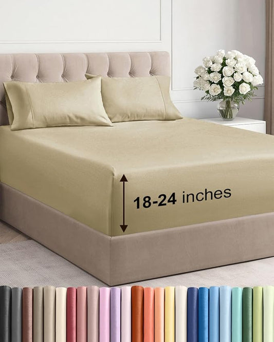 Extra Deep Cal King Sheet Set - 4 Piece Breathable & Cooling Sheets - Beige | Easily Fits 18 to 24 inch Mattress, Ultra Soft, Wrinkle & Fade Free with Extra Deep Pockets, Comfy Hotel Luxury Bedding