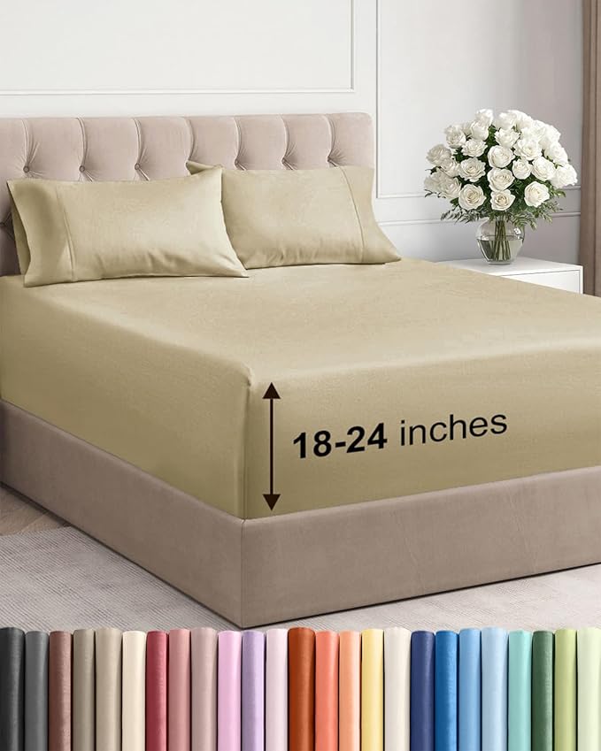Extra Deep Full Sheet Set - 4 Piece Breathable & Cooling Bed Sheets - Beige | Easily Fits 18 to 24 inch Mattress - Ultra Soft, Wrinkle & Fade Free with Extra Deep Pockets - Comfy Hotel Luxury Bedding