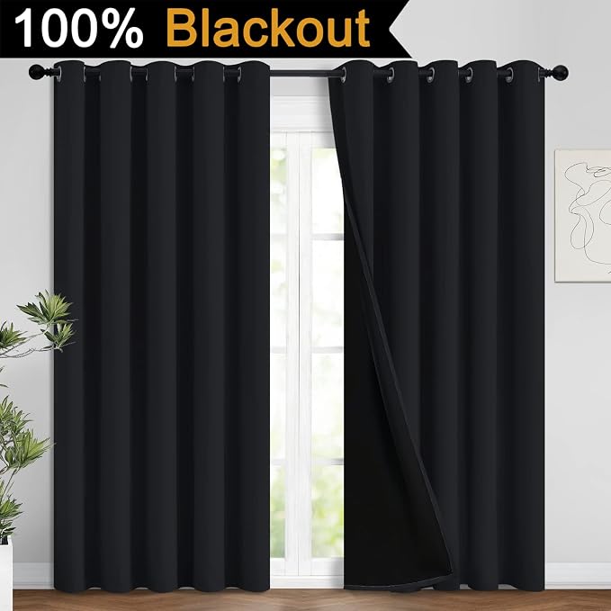 Yakamok Black 100% Blackout Curtains 96 Inches Long for Bedroom 62" Wide | Blackout Curtain Panels for Bedroom, 2 Thick Layers Grommet Top Thermal Insulated Drapes with Black Liner for Living Room