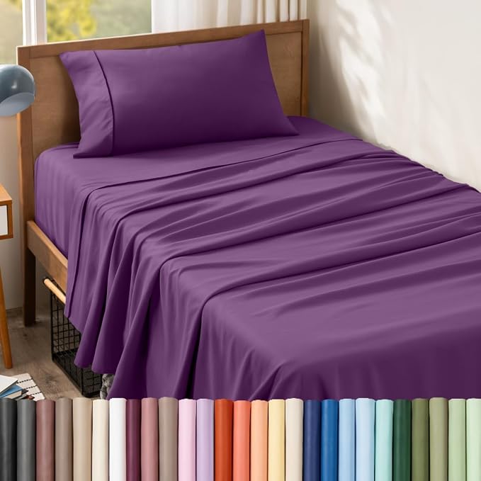 Bare Home Twin Sheet Set - 1800 Ultra-Soft Microfiber - Double Brushed - Deep Pockets - Easy Fit - Extra Soft - 3 Piece Set - Bedding Sheets & Pillowcases (Twin, Plum) | Deep Pockets 6 to 15 Inches, Breathable, Hypoallergenic, Hotel Luxury, Easy Fit, S...