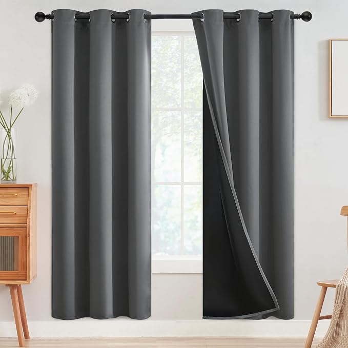 SimpleHome Grey 100% Blackout Curtains Room Darkening Living Room 72 Inch | Curtains for Bedroom,Thermal Insulated Grommet Window Drapes,Curtains for Living Room with Black Back,42 x 72 Inch,2 Panels
