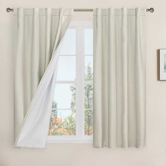 54 Inch Full Blackout Linen Window Curtains for Bedroom, 38 x 54 Inch | Thermal, Privacy Protected, Bedroom Curtains, Burlap, Rod Pocket Back Tab Drapes, with White Liner, 2 Panels, Stone