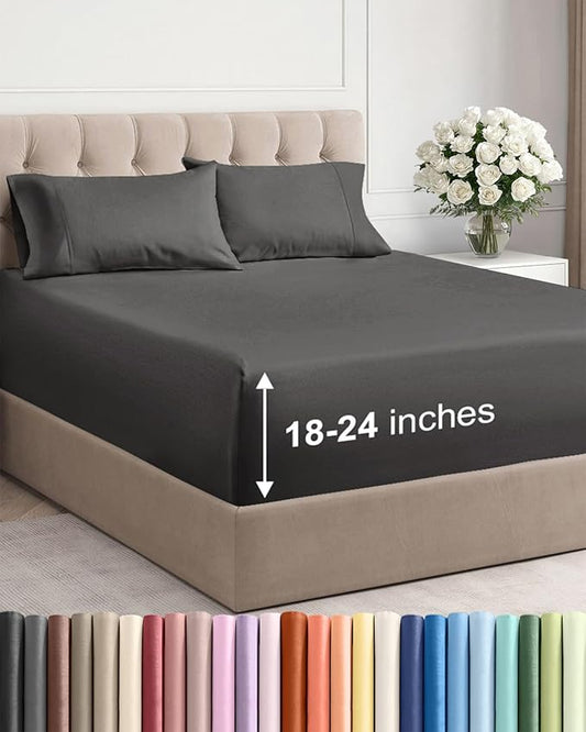 Extra Deep Queen Sheet Set - 4 Piece Breathable & Cooling Sheets - Charcoal | Easily Fits 18 to 24 inch Mattress - Ultra Soft, Wrinkle & Fade Free with Extra Deep Pockets - Comfy Hotel Luxury Bedding