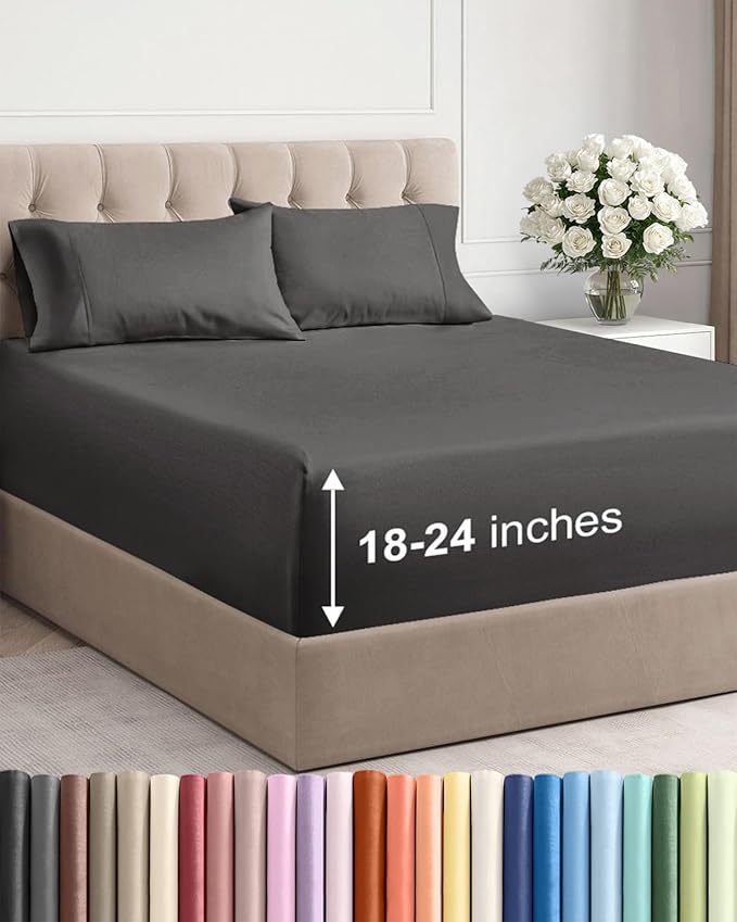 Extra Deep Cal King Sheet Set - 4 Piece Breathable & Cooling - Charcoal | Easily Fits 18 to 24 inch Mattress, Ultra Soft, Wrinkle & Fade Free with Extra Deep Pockets, Comfy Hotel Luxury Bedding