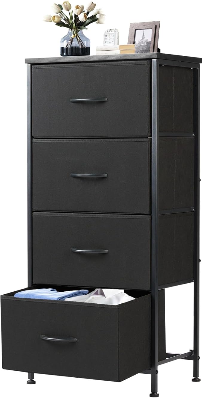 DUMOS Nightstand, Bedside Table with 4 Fabric Drawers | Night Stand with Removable Bins, Steel Frame Wood Top, Small Dresser for Bedroom Closet