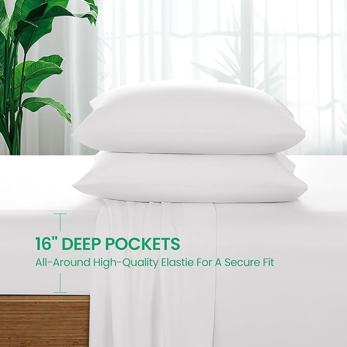 SONORO KATE 100% Viscose Derived from Bamboo_Sheets Full Size,4PC | Cooling Bed Sheets for Hot Sleepers,Soft Breathable & Silky,16" Deep Pocket,Luxury Hotel Bedding,White