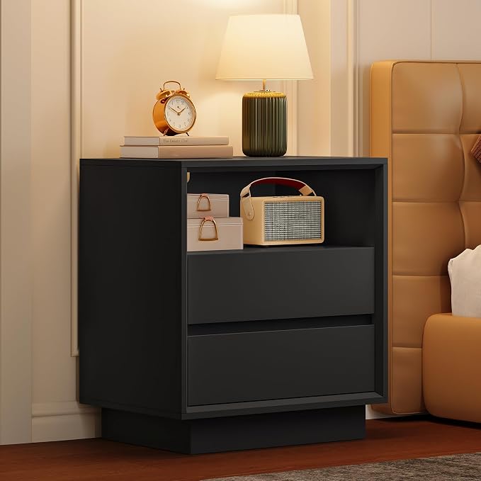TEENFON Nightstands Set of 2, Night Stand with 2 Drawers and Open Shelf, Nightstand Side Table with Cut-Out Handle, Bedside End Table for Bedroom, Black, 17.7″ L × 15.7″ W × 23.6″ H