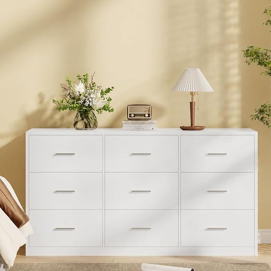 Dresser for Bedroom with 9 Drawers, 14.2"D X 59.1"W X 29.5"H, White | Modern Chest of Drawers with Hidden Drawer,Wood Storage Dresser, Storage Organizer for Living Room, Closet, Hallway