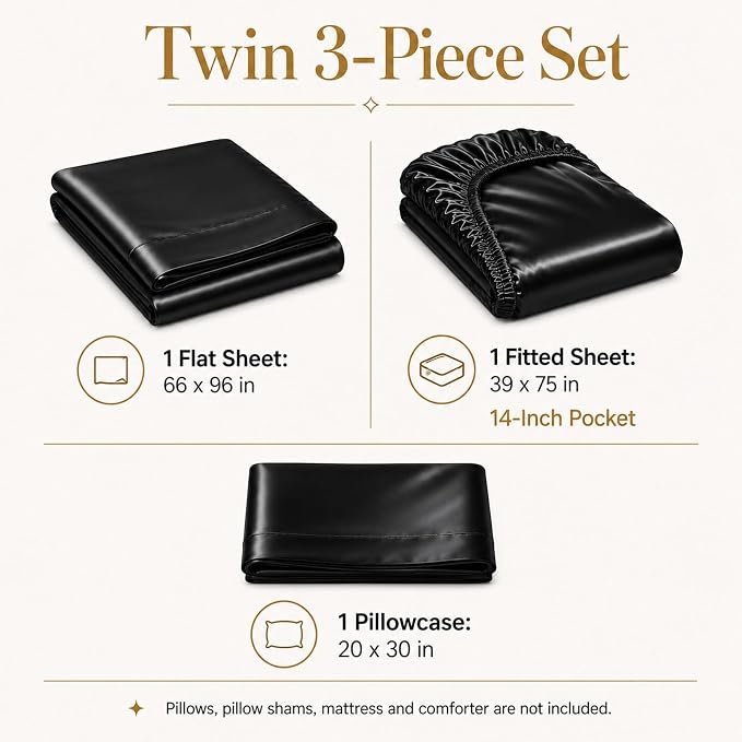 CozyLux Satin Sheets Twin, 3-Piece 14-Inch Deep Pocket Sheet Set | OEKO-TEX Certified Silky Soft Sheet Set for Hair & Skin, Luxurious Silky-Smooth Satin for Elegant Bedroom Decor, Black