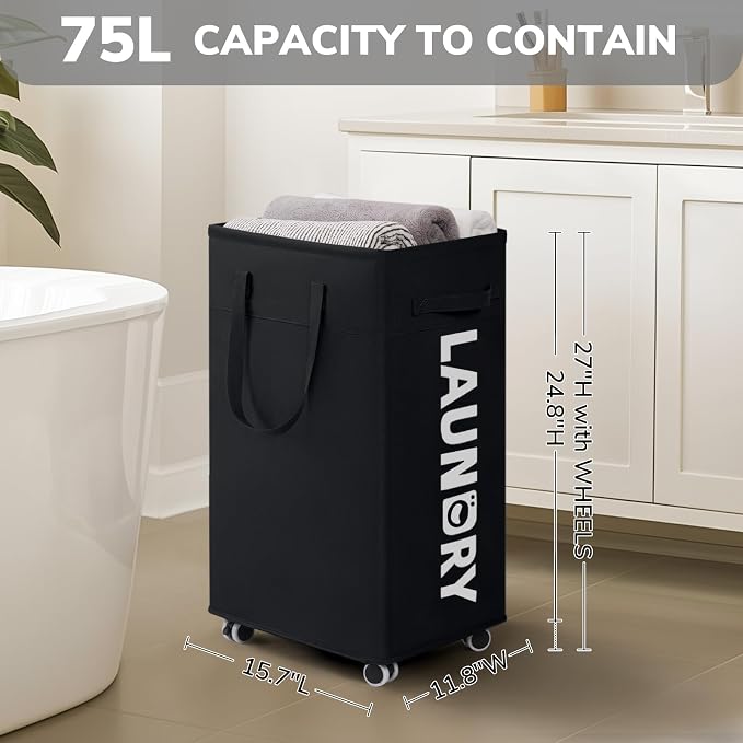 Goodpick 75L Roling Dirty Clothes Hamper with Removable Wash Bag for Dorm | Black Rolling Laundry Hamper with Wheels and Handles for Dirty Clothes, Fodable Hamper for Laundry Room