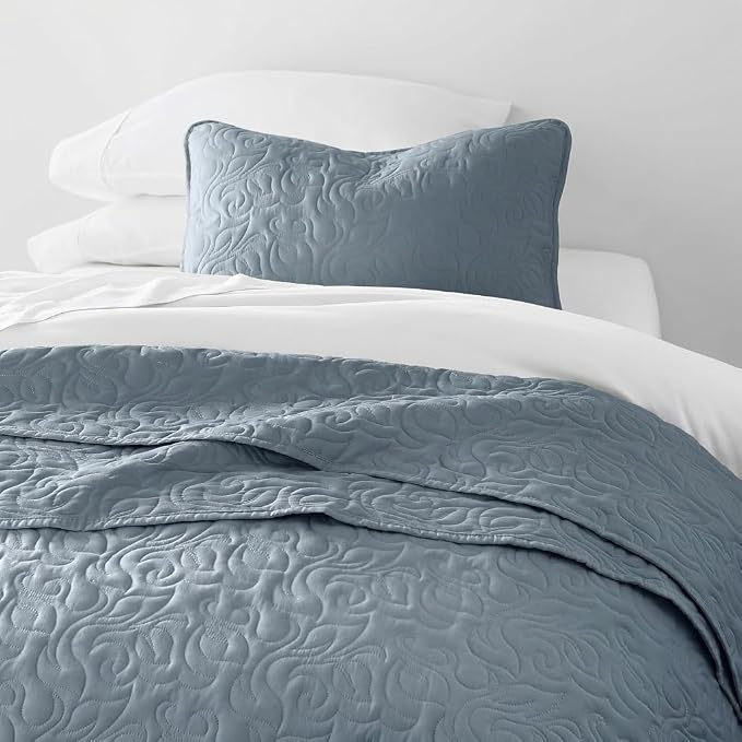 Merit Linens Modern Quilt Coverlet Soft Set in Floral Stitching - Twin/TwinXL Dusk Blue