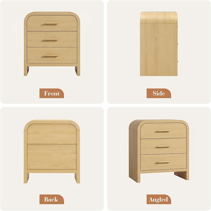 Night Stand Set of 2 [Unique Curved Profile] [FSC-Certified Wooden Board] 3-Drawer Nightstand 26.7" H Metal Handle Modern Sturdy Bedside Table Side Table End Table | [Curved Profile] [FSC-Certified Wooden Board] Nightstand 26.7"H Metal Handle Modern Be...