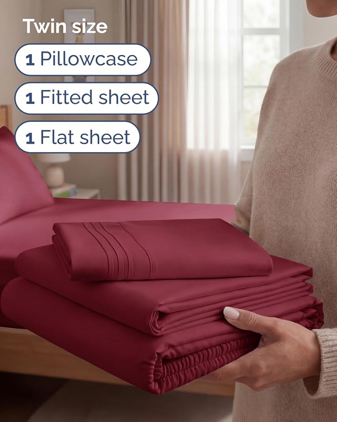 Twin Size 3 Piece Sheet Set - Comfy Breathable & Cooling Sheets - Burgundy | Hotel Luxury Bed Sheets for Women & Men, Deep Pockets, Easy-Fit, Extra Soft and Wrinkle Free Sheets, Oeko-Tex Bed Sheet Set
