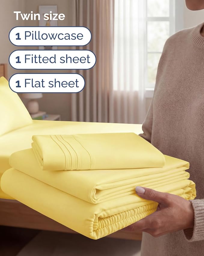 Twin Size 3 Piece Sheet Set - Comfy Breathable & Cooling Sheets - Yellow | Hotel Luxury Bed Sheets for Women & Men, Deep Pockets, Easy-Fit, Extra Soft and Wrinkle Free Sheets, Oeko-Tex Bed Sheet Set