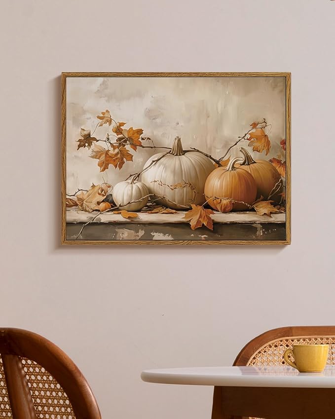 WHASAYART Vintage Pumpkin Thanksgiving Wall Art 12x16 Framed Canvas Print with Fall Leaves, Rustic Autumn Season Painting, Cozy Harvest Dining Room Kitchen Farmhouse Decor