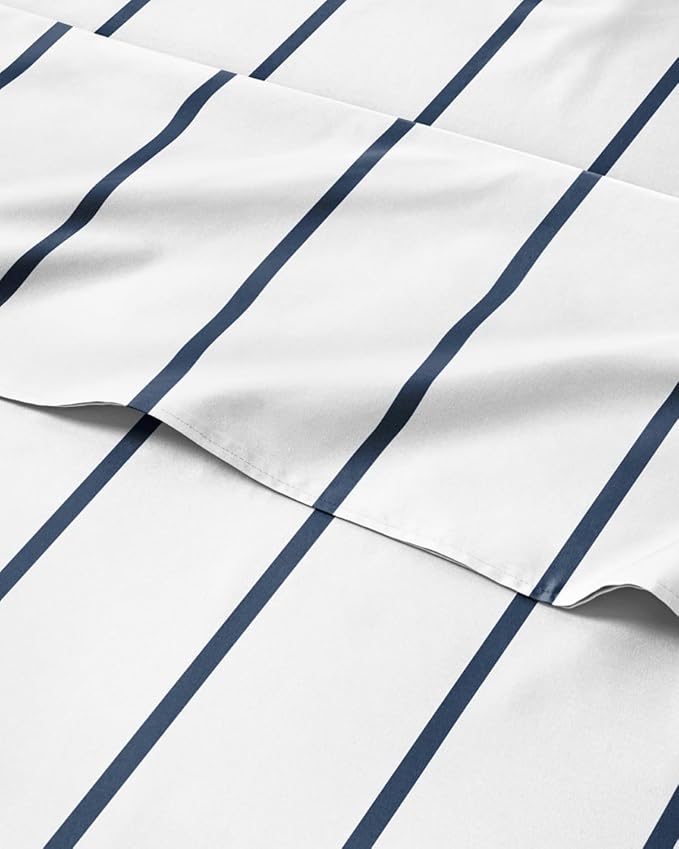 Twin 3 Piece Striped Sheet Set - Soft, Breathable & Cooling - Navy Stripe | 1 Flat, 1 Fitted & 1 Pillowcase w/ Deep Pockets, Luxury Striped Bedding, Soft, Breathable & Cooling, Wrinkle & Fade Free