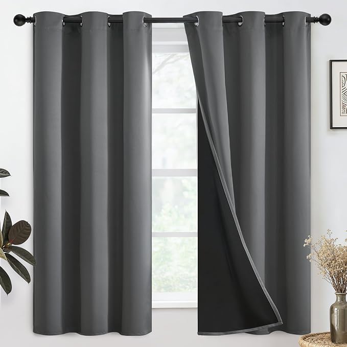 SimpleHome Grey 100% Blackout Curtains Room Darkening Living Room 63 Inch | Curtains for Bedroom,Thermal Insulated Grommet Window Drapes,Curtains for Living Room with Black Back,38 x 63 Inch,2 Panels