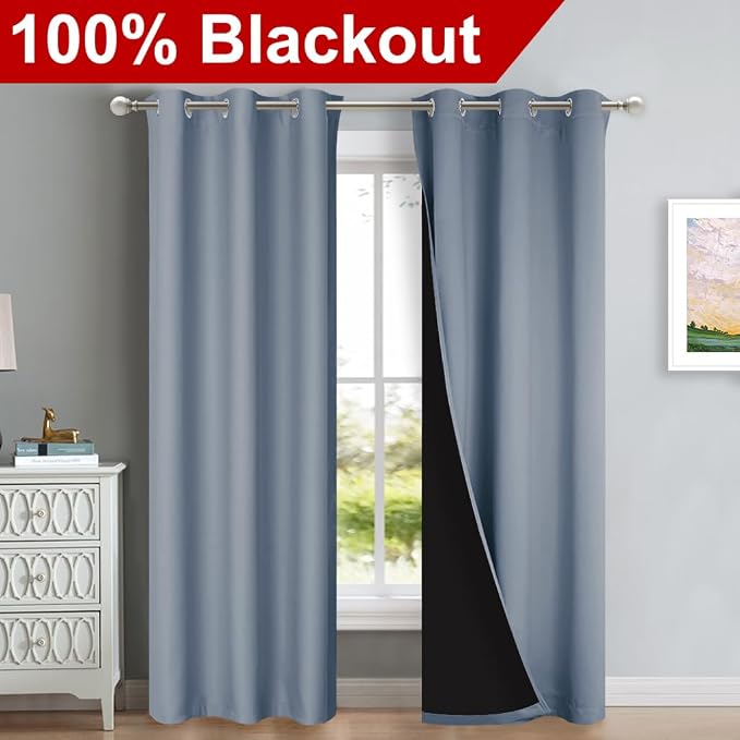 NICETOWN Vintage Blue Full Shade Curtain Panels, 37" Wide x 84" Long, Pair of Thermal Insulated & Energy Efficiency Blackout Drapes for Living Room Windows, Lined Silky Performance Window Dressing