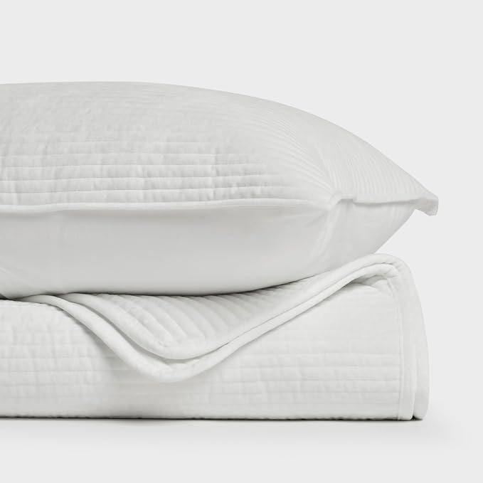 EverGrace Striped Channel Velvet Quilt Set, Queen Size, Bright White | Luxurious Soft Lightweight Velvet Comforter, Oversized Bedspread Coverlet, Quilted Bedding Set for All Season, with 2 Shams