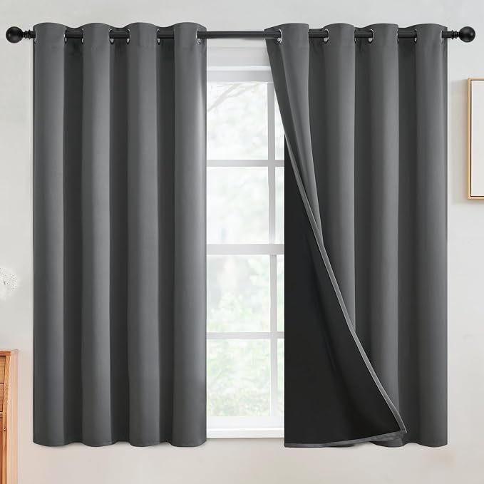 SimpleHome Grey 100% Blackout Curtains Room Darkening Living Room 54 Inch | Curtains for Bedroom,Thermal Insulated Grommet Window Drapes,Curtains for Living Room with Black Back,52 x 54 Inch,2 Panels