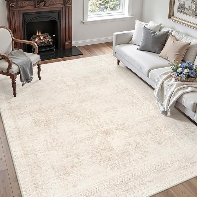 3x5 Area Rugs Living Room: Bedroom Neutral Washable Carpet Beige | Large Vintage Boho Indoor Decor Carpets Soft Nursery Farmhouse Dining Room Office Floor Non-Slip Low Pile Under Table Rug
