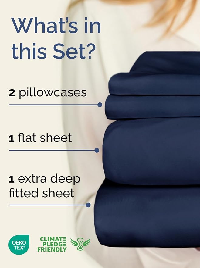 Extra Deep Twin Sheet Set - 4 Piece Breathable & Cooling Sheets - Navy Blue | Hotel Luxury Bed Sheets Set, Easy & Secure Fit, Ultra-Soft, Wrinkle & Fade Free, Comfy Sheets Set with Extra Deep Pockets