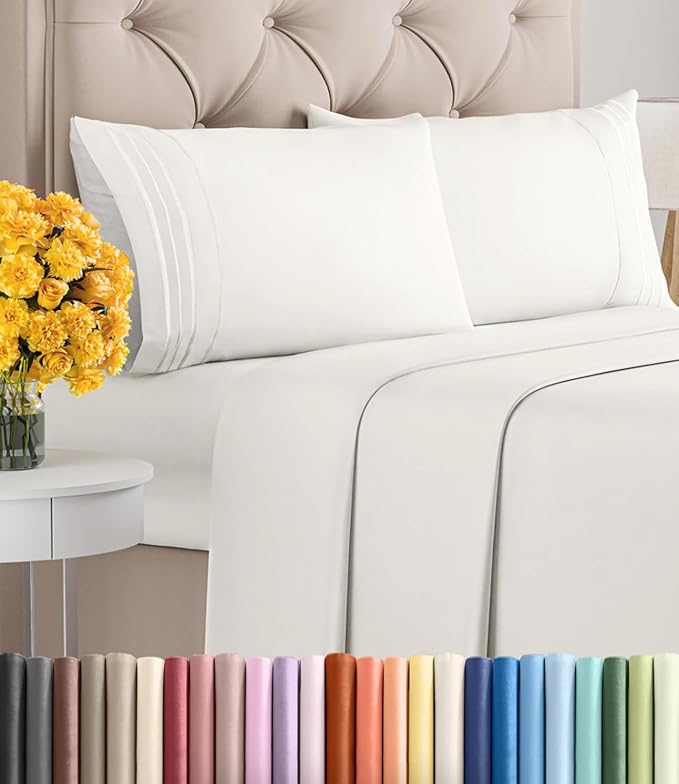 Queen Size 4 Piece Sheet Set - Ultra Soft & Cooling Sheets - Antique White | Fits 8 Inch to 16 inch Mattress, Wrinkle Free & Fade Resistant with Deep Pockets, Breathable, Comfy Hotel Luxury Bedding