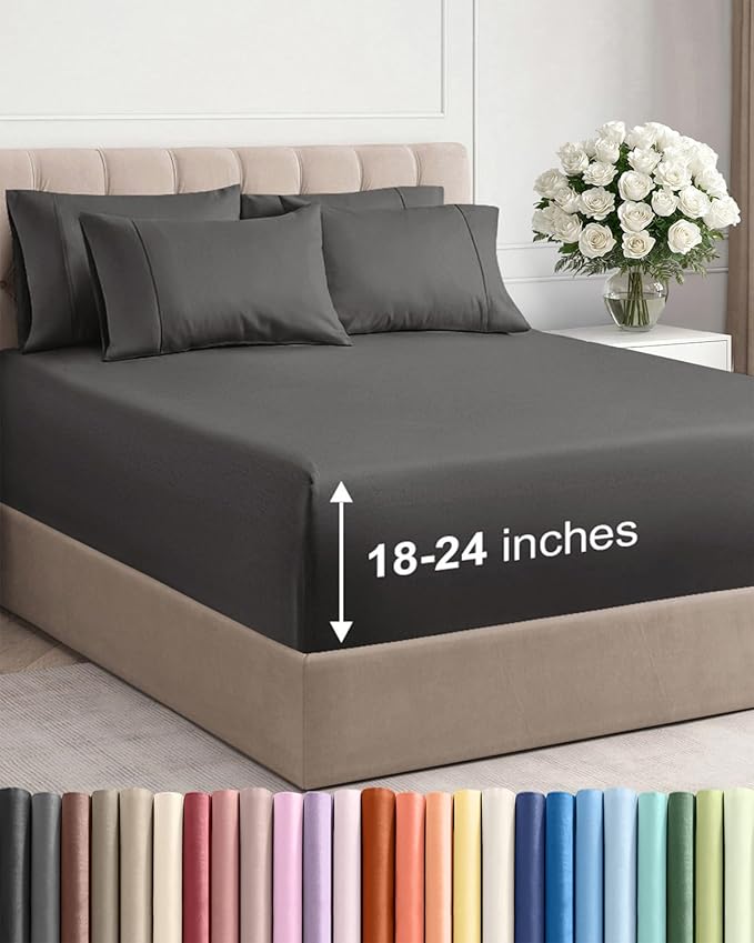 Extra Deep Queen Sheet Set - 6 Piece Breathable & Cooling Sheets - Charcoal | Hotel Luxury Bed Sheets Set, Easy & Secure Fit, Ultra-Soft, Wrinkle & Fade Free, Comfy Sheets Set with Extra Deep Pockets