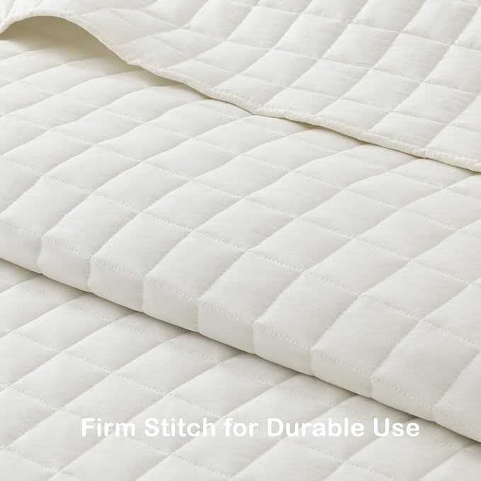 HORIMOTE HOME Ivory Ruffled Quilt Set Queen Size, Classic Geometric Square Stitched Pattern, Pre-Washed Farmhouse Shabby Chic Microfiber Lightweight Bedding Set Bedspread Coverlet for All Season