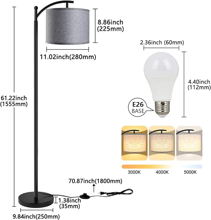 ROTTOGOON Floor Lamp with 3CCT LED Bulb, Gray Linen Lamp Shade for Living Room, Modern Standing Lamp for Bedrooms - Black