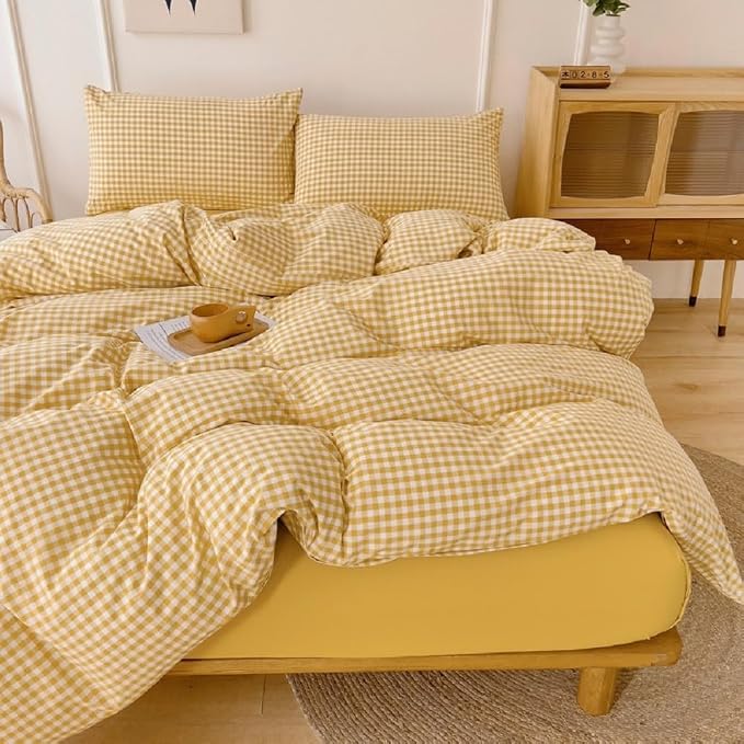 LifeTB Queen Comforter Set Modern Style Yellow Gingham Comforter Geometric Plaid Printed Bedding Comforter with 2 Pillow Shams Fluffy Lightweight Gingham Bedding Grid Checkered Comforter Set