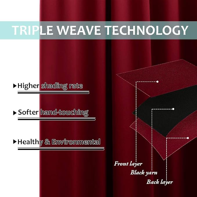 NICETOWN Full Shading Curtains 90 inches Long 2 Panels Set for Windows, Super Heavy-Duty Black Lined Blackout Curtains for Bedroom, Privacy Assured Window Treatment (Burgundy Red, 52 inches W)